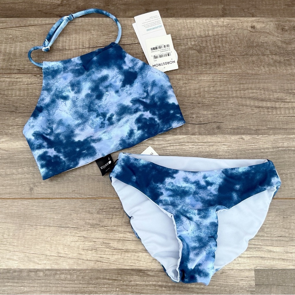 New Girls Zella Just Breathe Blue Tie Dye Reversible Bikini High Neck Size 7
